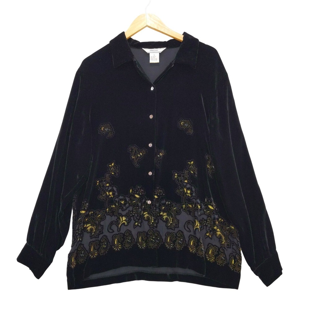 FROXX Velvet Burnout Shirt Women XL Black Silk Blend Embroidered Paisley Luxe